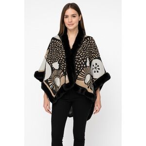 NWT Patrizia Luca Milano Faux Fur Lined Abstract Floral Print Shawl Poncho